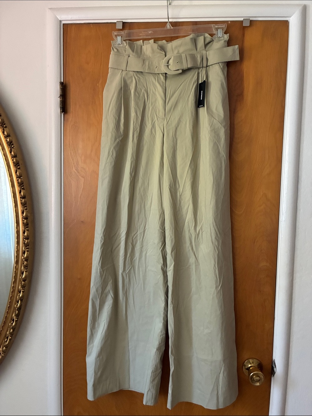 Express new high waist belted paper bag pants cotton blend light sage/beige